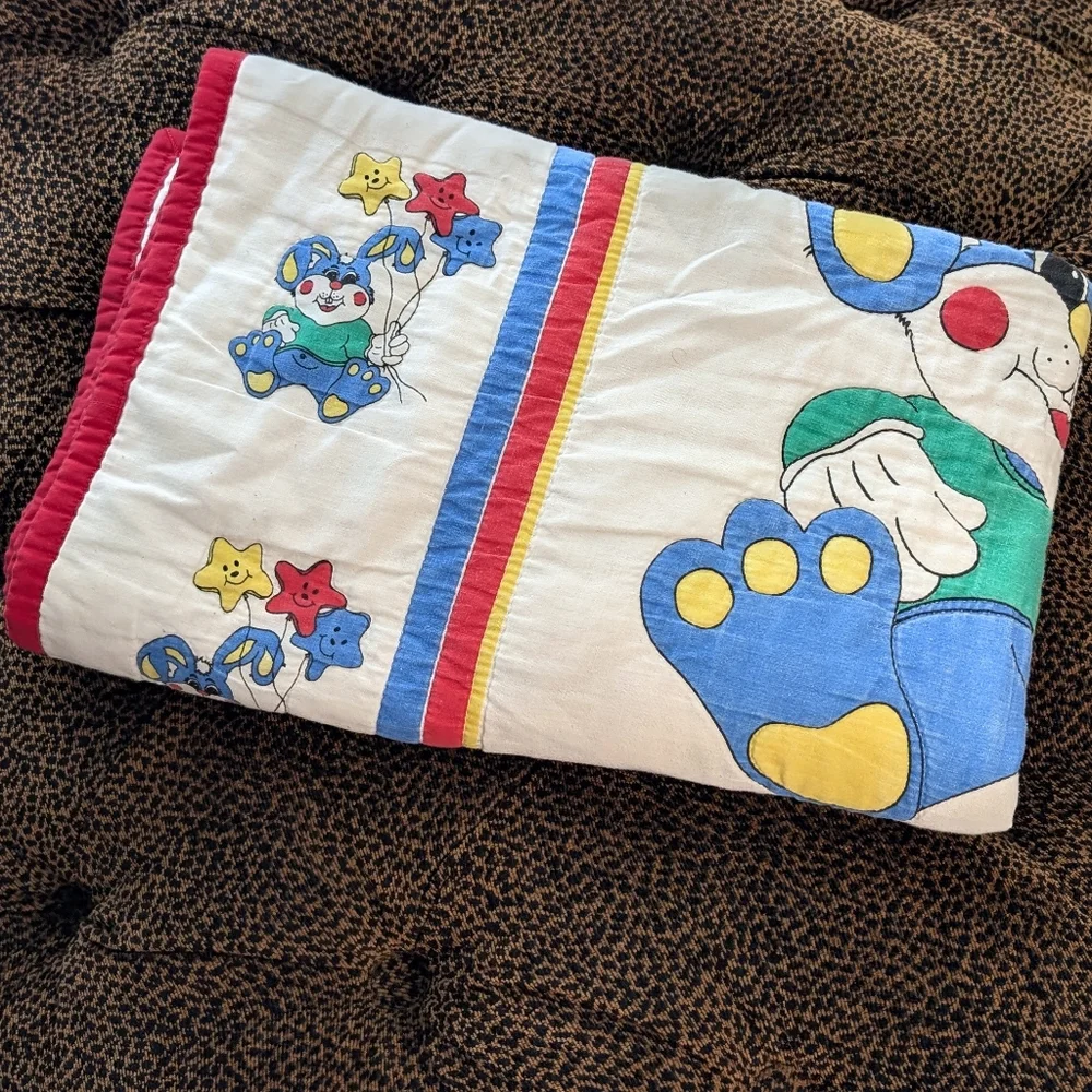 Vintage Blue Bunny Rabbit w/ Yellow Red Blue Star Balloons Crib Sheet 80s 90s